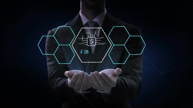 Businessman opens two palms, Fin-tech icon and various graph. Futuristic financial technology. 4k movie. version 1.