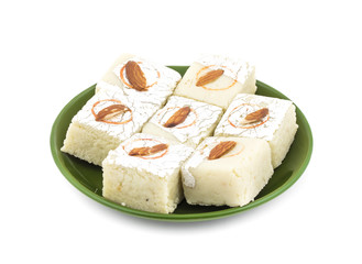 Indian Sweet Food Badam Barfi Also Know As Mithai, barfee, Mawa Barfi, Mava barfi, Almond Sweet, khoya Burfi Indian Popular Sweet Made up of Coconut, Mawa, Milk and Sugar isolated on white background