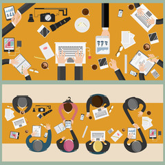 Office workers on business meeting around table. Employees discuss progress and analyze graphics. Men and women at conference vector illustration.