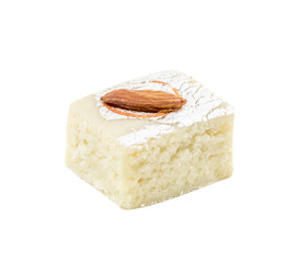 Indian Sweet Food Badam Barfi Also Know As Mithai, barfee, Mawa Barfi, Mava barfi, Almond Sweet, khoya Burfi Indian Popular Sweet Made up of Coconut, Mawa, Milk and Sugar isolated on white background