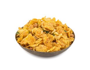 Indian Deep Fried Salty Dish Namkeen Called Namkin, Nimco, Chivda, Mixture or Farsan made of gram flour and mixed with dry fruits isolated on white background