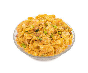 Indian Deep Fried Salty Dish Namkeen Called Namkin, Nimco, Chivda, Mixture or Farsan made of gram flour and mixed with dry fruits isolated on white background