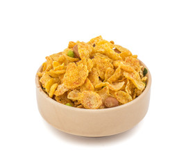 Indian Deep Fried Salty Dish Namkeen Called Namkin, Nimco, Chivda, Mixture or Farsan made of gram flour and mixed with dry fruits isolated on white background