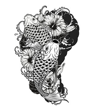 Naklejki Carp fish and chrysanthemum tattoo by hand drawing.Tattoo art highly detailed in line art style.