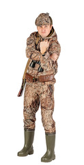 Full length portrait of a male hunter with double barreled shotgun Isolated on white background. hunting and people concept