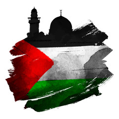 Fototapeta premium Al-Quds mosque silhouette with palestine flag on ink brush shape vector illustration