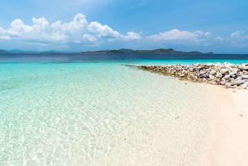 View of tropical beach on the Banana island, Busuanga, Palawan, Philippines. Beautiful tropical island with sand beach, palm trees. Travel concept