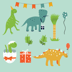 Collection of colorful flat dinosaurs with party elements.