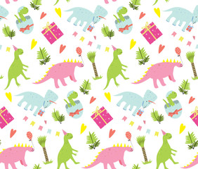 Seamless pattern with cute cartoon dinosaurs.