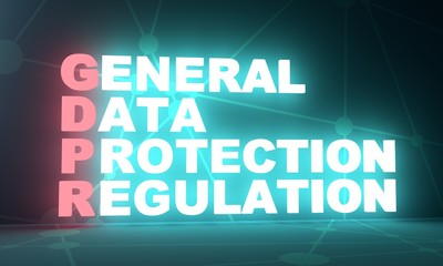 Acronym GDPR - General Data Protection Regulation. Internet conceptual image. Cyber security and privacy. 3D rendering. Neon bulb illumination