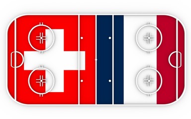 Switzerland vs France. Ice hockey competition. National flags on playground. 3D rendering