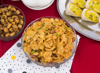 Indian Deep Fried Salty Dish Namkeen Called Namkin, Nimco, Chivda, Mixture or Farsan made of gram flour and mixed with dry fruits