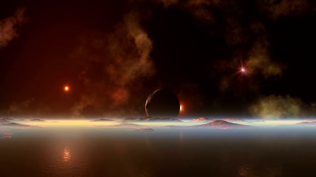 Bloody Sunset on Alien Planet. On the huge dark sky bright stars and nebula. The sun in the red halo is moving rapidly to the hazy horizon. Dark moon hangs over the hills. The water reflects the sky.