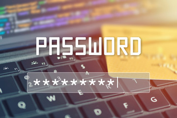 Password input on blurred background screen. Password protection against hackers.