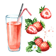 Glass of strawberry Juice with fresh berries set. Watercolor hand drawn illustration, isolated on white background
