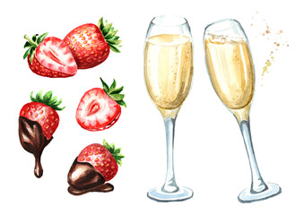 Glasses of champagne and strawberry with chocolate set. Watercolor hand drawn illustration,  isolated on white background