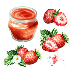 Organic fruit jam set. Glass jar of strawbery marmalade and fresh fruits isolated on white background. Watercolor hand drawn  illustration