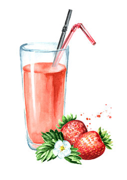 Glass of strawberry Juice with fresh berries. Watercolor hand drawn illustration, isolated on white background