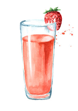 Glass of strawberry Juice. Watercolor hand drawn illustration, isolated on white background