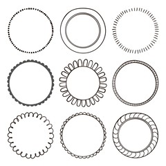 Set of vintage circle photo frames, hand drawn doodle style, antique ornamental and cute photo frames
