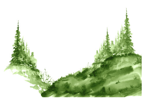Watercolor group of green trees. Green, summer forest, landscape.  Drawing on white isolated background. Abstract logo, splash of green paint, stylish  illustration. Slope, hill, forest landscape.