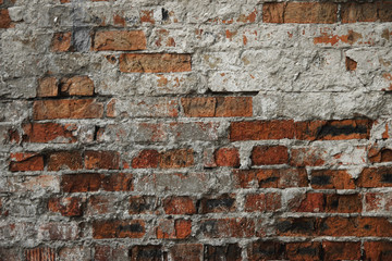 Background of old vintage dirty brick wall with peeling plaster, texture