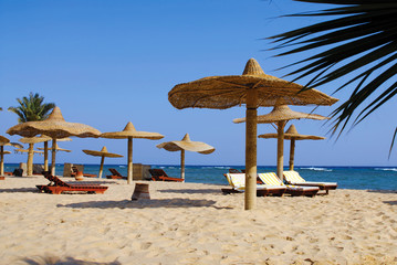 Sandy beach with wicked sunshades, sunbeds, palms