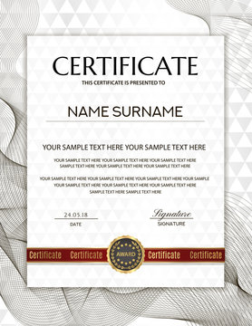 Certificate with white abstract background and guilloche pattern. Design template with geometric triangle shapes. Background useful for Diploma, business education award