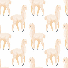 Seamless pattern with the image of cute alpaca in cartoon style. Colorful vector background