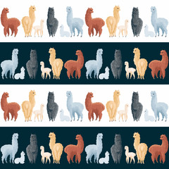 Seamless pattern with the image of cute alpaca in cartoon style. Colorful vector background