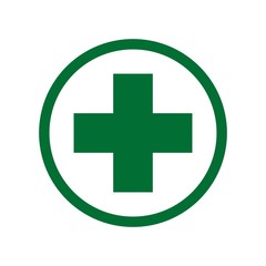 First aid. Green medical cross vector icon. Medicinal and pharmacy sign. Cannabis symbol.