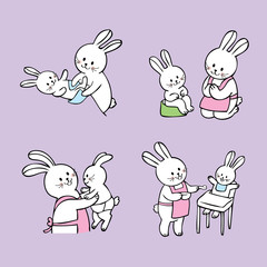 Obraz na płótnie Canvas Cartoon cute mom and baby white rabbits vector.