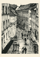 People Walk Down The Street Of The Old Town. Hand Drawn Urban Background In Engraving Style. Vector Illustration.