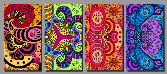 Set of decorative zentangle multicolor business card with ornament. Vector corporate identity template for greeting cards, wedding invitations, printing, business cards, posters, form blanks, papers.