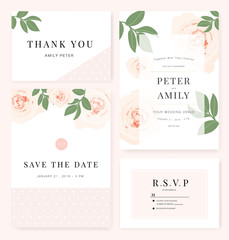 Vector template set. Wedding invitation, rsvp, thank you, save the date card design with elegant rose pink garden. 
