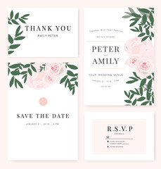 Vector template set. Wedding invitation, rsvp, thank you, save the date card design with elegant rose pink garden. 