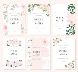 Vector template set. Wedding invitation, rsvp, thank you, save the date card design with elegant rose pink garden. 