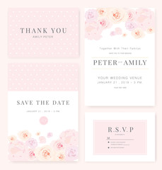 Vector template set. Wedding invitation, rsvp, thank you, save the date card design with elegant rose pink garden. 