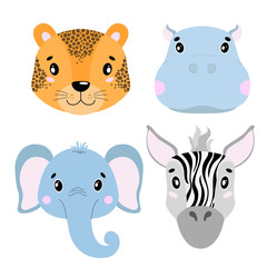 Cartoon set Vector Animals face,four objects. Leopard, hippo, elephant, zebra.