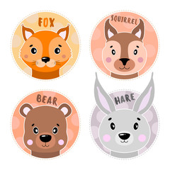 Cartoon set Vector Animals face,four objects fox, hare, bear, squirrel.