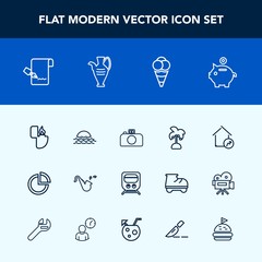 Modern, simple vector icon set with landscape, transport, coin, sign, pen, flame, money, cigarette, graph, dessert, lighter, presentation, pie, palm, sun, travel, increase, home, paper, camera icons