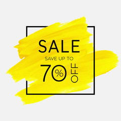 Sale up to 70% off sign over watercolor art brush stroke paint abstract background vector illustration. Perfect acrylic design for a shop and sale banners.