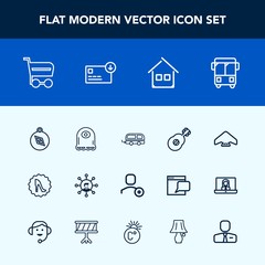 Modern, simple vector icon set with buy, jump, bus, screen, south, parachute, fashion, shop, travel, musical, estate, music, display, east, account, house, compass, web, north, frame, technology icons
