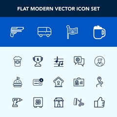 Modern, simple vector icon set with business, bread, cup, note, award, home, mug, sack, male, nation, money, bird, food, man, cafe, drink, first, place, musical, lunch, coffee, firearm, music icons
