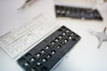System of dental brackets at dentist office.