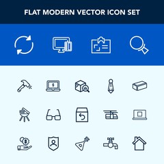 Modern, simple vector icon set with screen, return, identity, refresh, order, meat, home, male, suit, grill, delivery, find, card, magnifying, tie, notebook, material, personal, fashion, shovel icons
