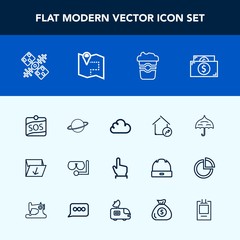 Modern, simple vector icon set with cafe, space, cloud, trash, button, rubbish, property, white, real, money, box, label, home, click, coffee, rain, diving, protection, global, house, touch, mug icons