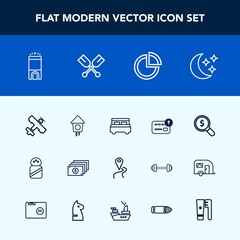 Modern, simple vector icon set with hotel, location, night, internet, boat, interior, wooden, plane, moon, map, search, white, spice, currency, bedroom, pie, room, aircraft, finance, ingredient icons