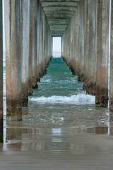 Water under Scripps Pier with reflection on the wet sand in La Jolla
