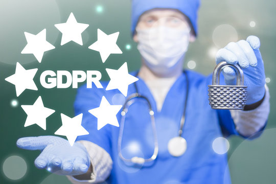 GDPR. General Data Protection Regulation European Healthcare concept. Doctor offers a gdpr acronym with stars icon and padlock surrounded by specific icons.